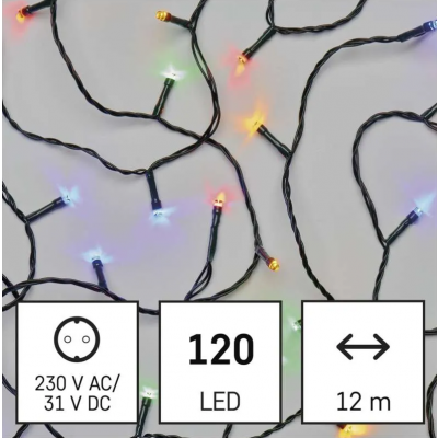 Lampki choinkowe 120LED 12m multikolor, zielony przewód, 8 programów, IP44 EMOS (D4AM08)